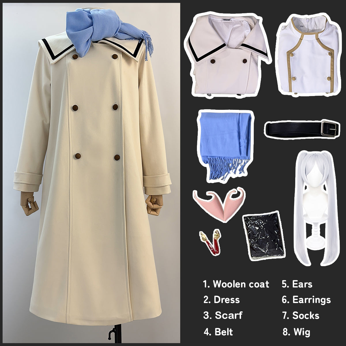 HOLOUN Frieren Beyond Journey's End Anime Frieren Cosplay Costume Winter Coat Dress Wig Ponytail Daily Wear Christmas New Year
