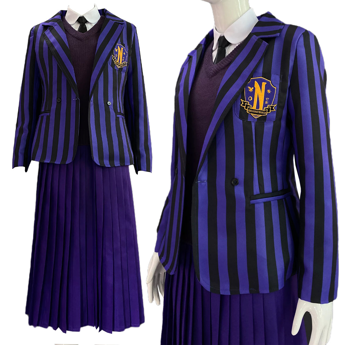 HOLOUN Wednesday Enid Sinclai Bianca Nevermore School Cosplay Costume Blue Uniform Dress Sweater Embroidery Suit Christmas Gift
