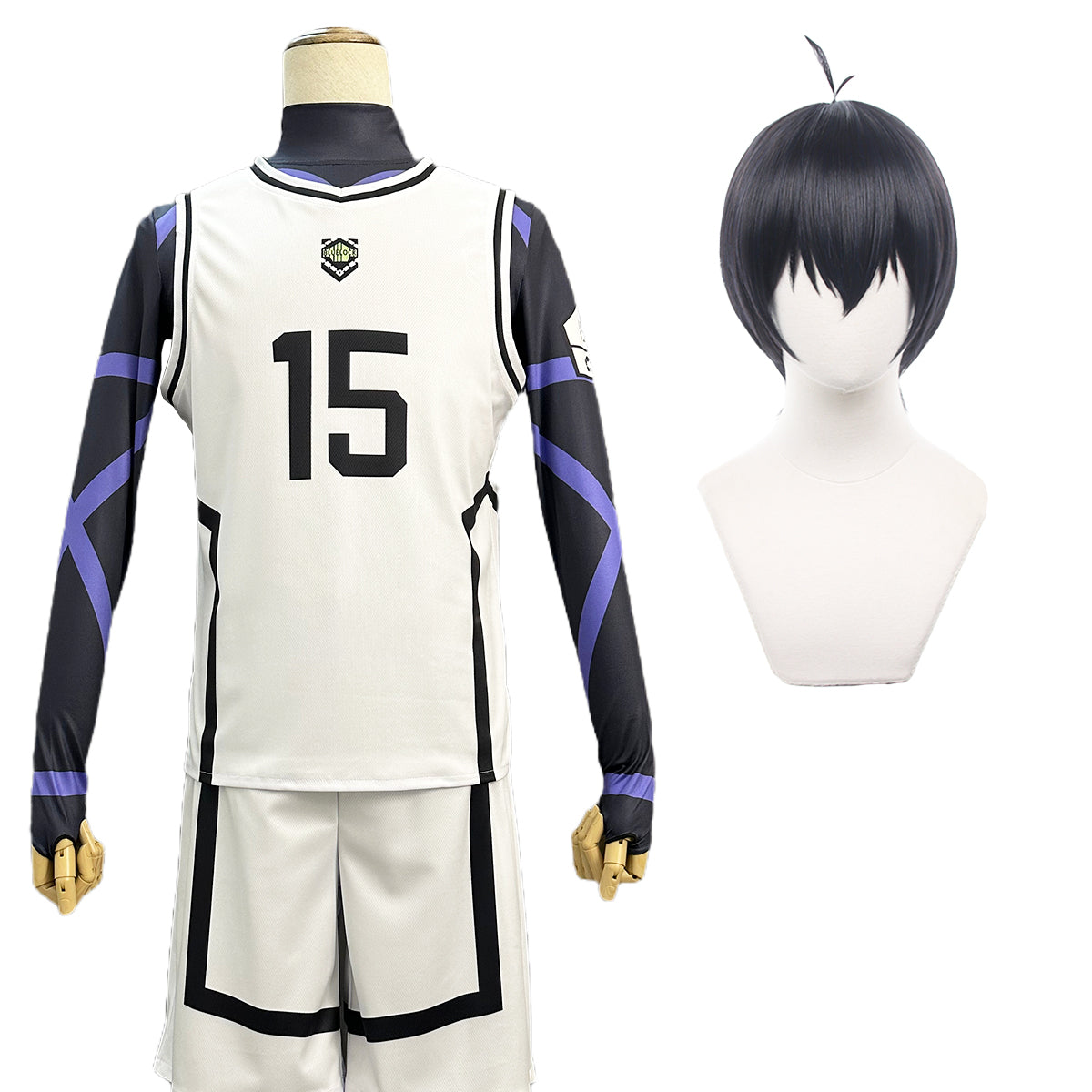 HOLOUN Blue Lock Anime Cosplay Costume Wig Isagi NO.15 White Football Training Uniform Daily Wear Rose Net Sythetic Adjustable Headwear