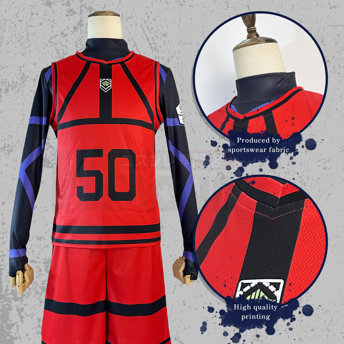 HOLOUN Blue Lock Anime Cosplay Costume Wig Kunigami NO.50 Red Football Training Uniform Daily Wear Rose Net Sythetic