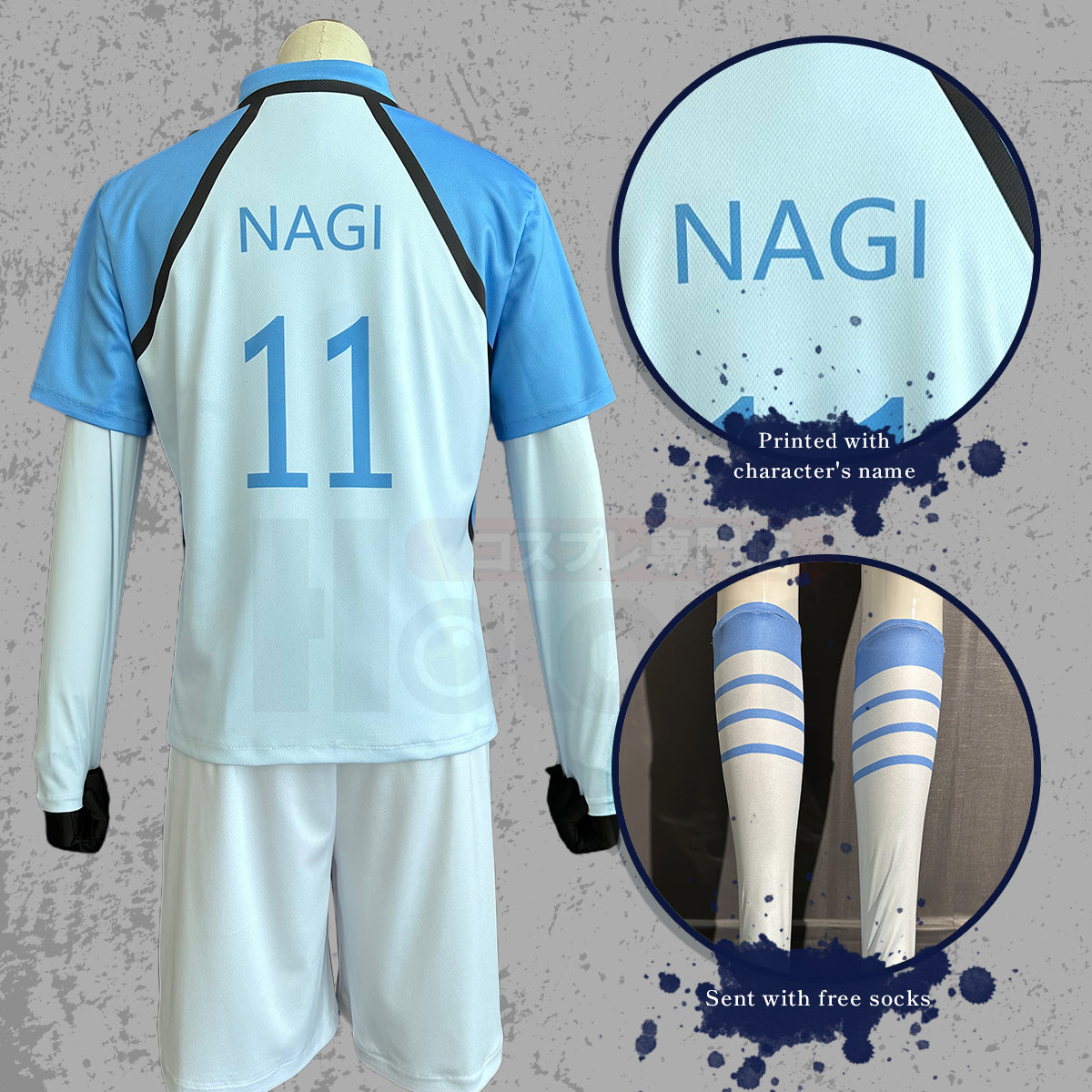 HOLOUN Blue Lock Anime No.11 Nagi Cosplay Costume Wig Man Shine City Jersey White Blue T-shirt Shorts Socks Top Football Soccer Uniform